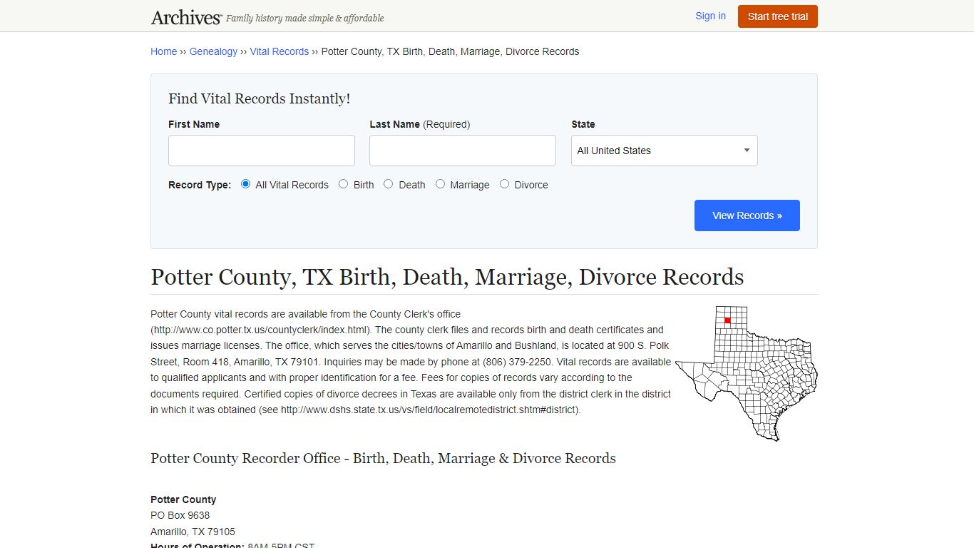 Potter County, TX Birth, Death, Marriage, Divorce Records