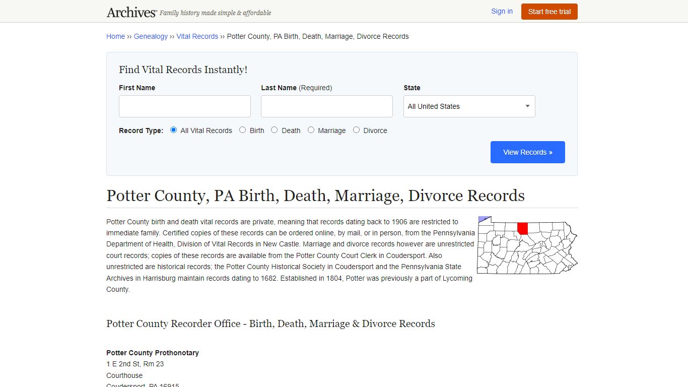 Potter County, PA Birth, Death, Marriage, Divorce Records